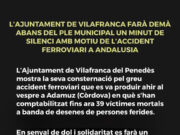 L’Ajuntament de Vilafranca del Penedès commemorarà l’accident ferroviari a Andalusia amb un minut de silenci